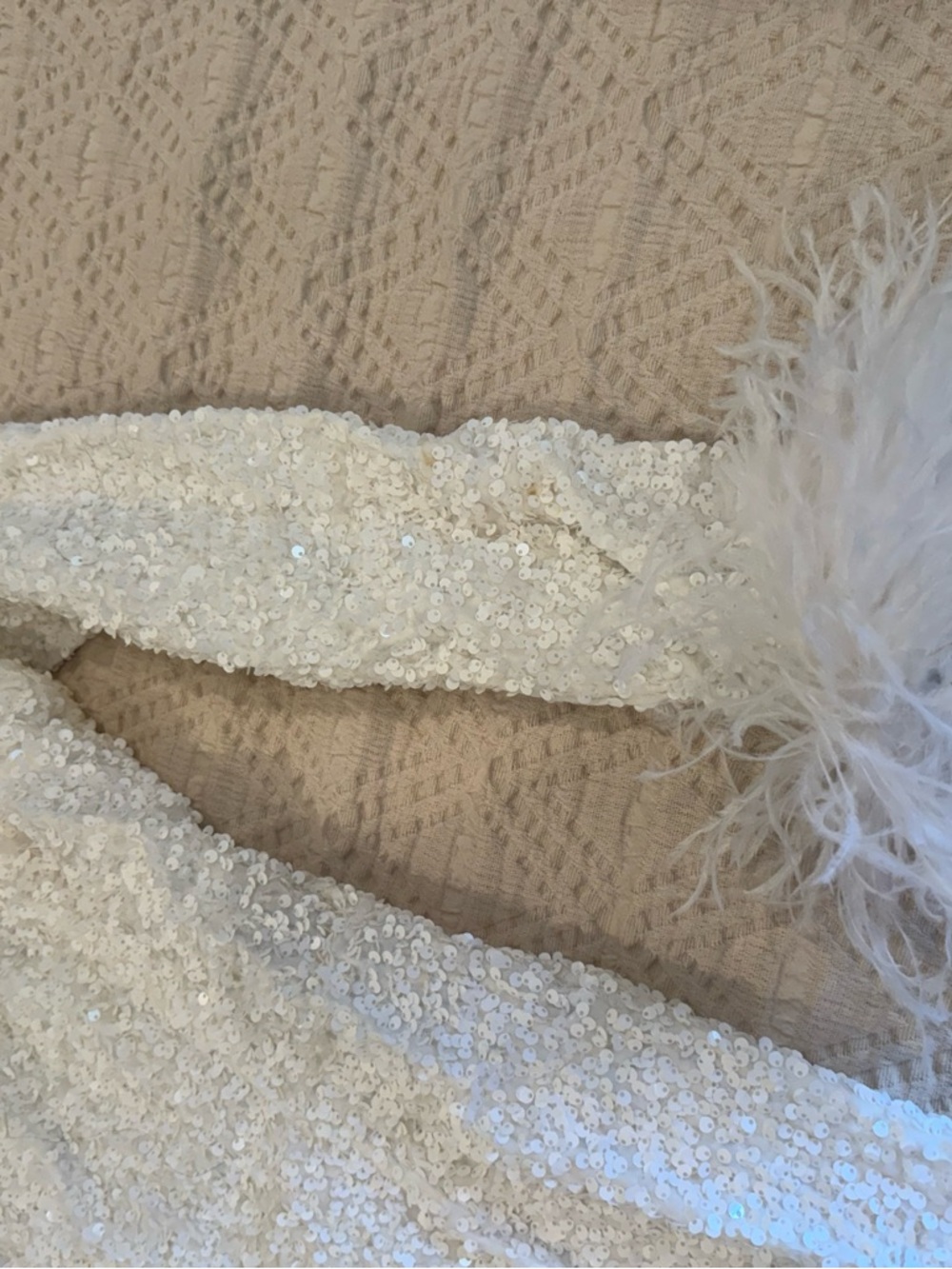 JADE LONG SLEEVED SEQUIN MINI DRESS W/ FEATHER TRIM- WHITE - Picture 3 of 4
